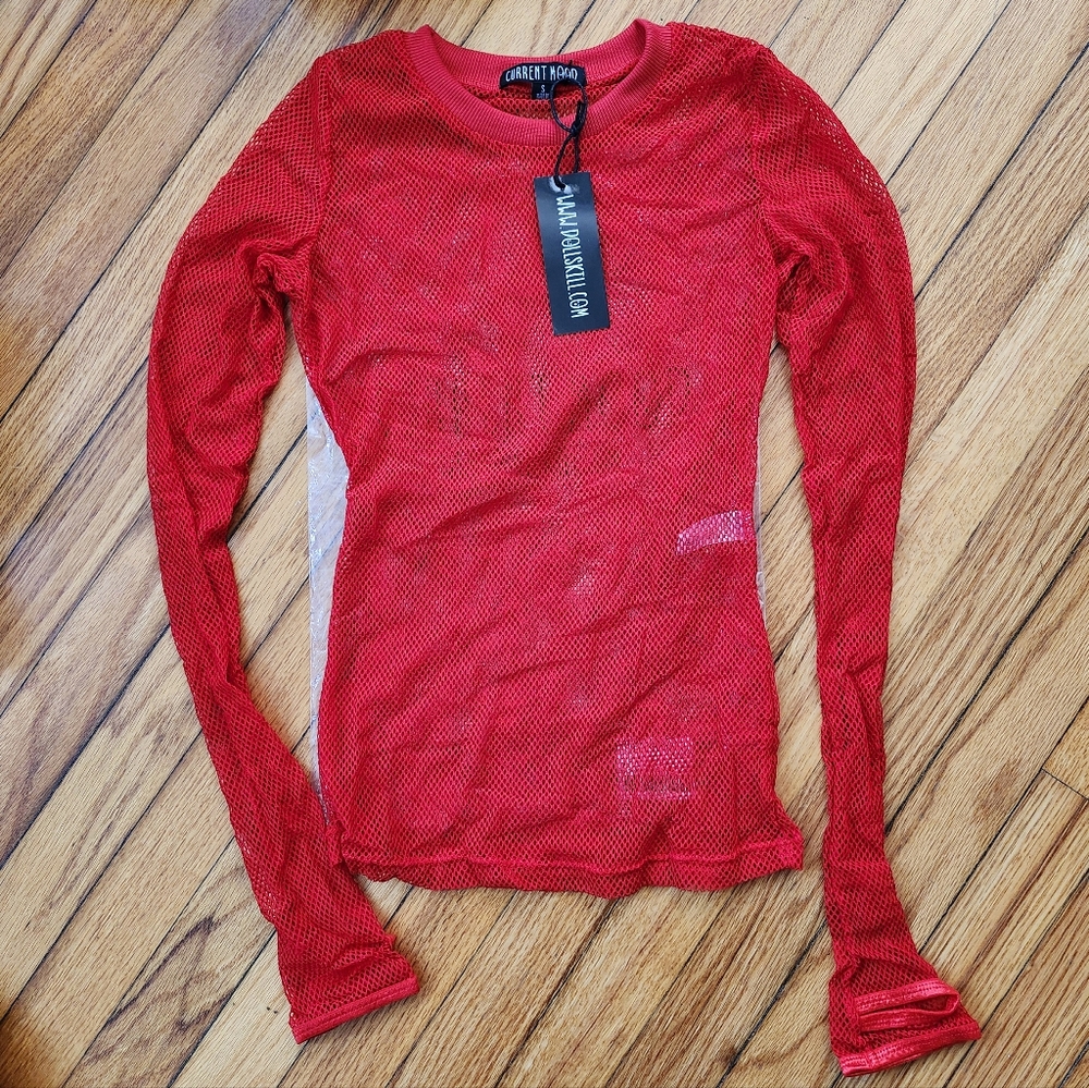 Dolls Kill Current Mood Red Long Sleeve Mesh Fishnet Shirt Top